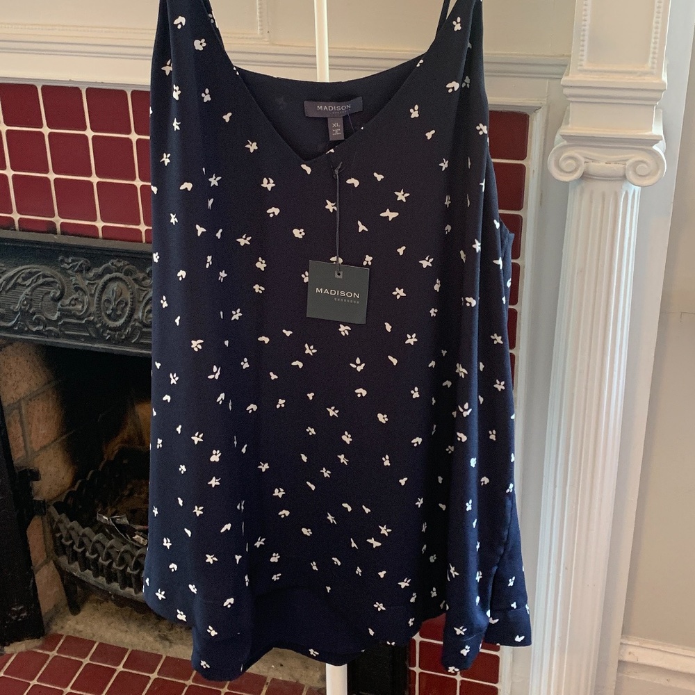Madison strappy navy‎ top with flowers and stars. NWT. Retail 49.50